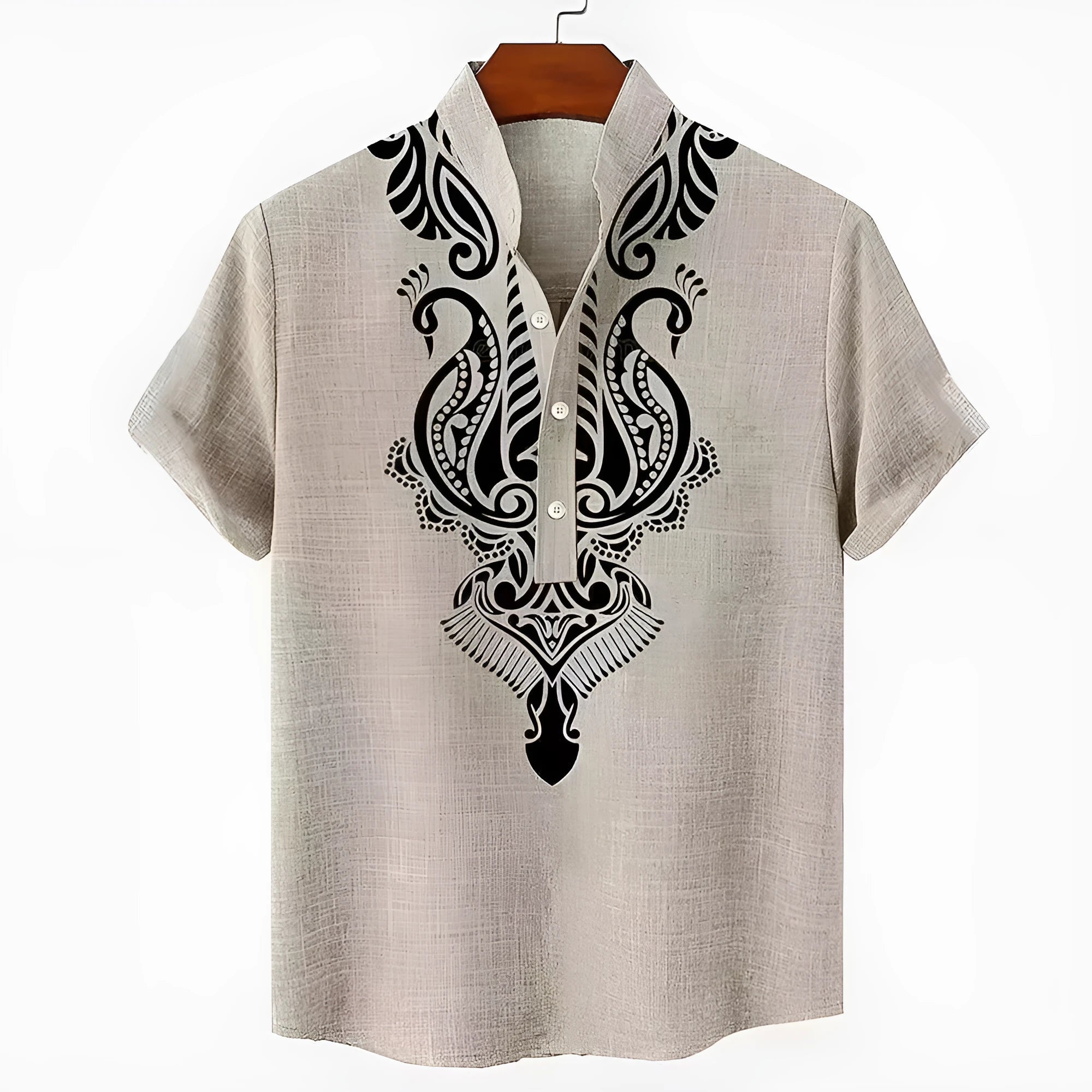 Men's striped loose-fit casual shirt on a hanger, showing button front and sleeve detail.