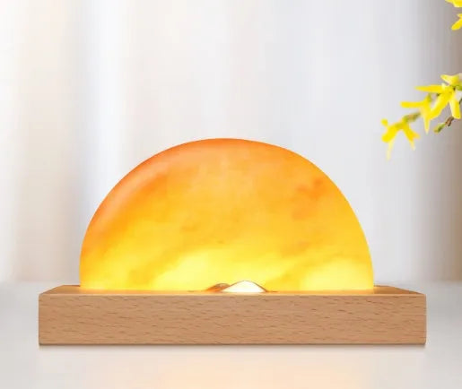 Wireless charging table lamp with natural crystal salt shade on solid beech wood base