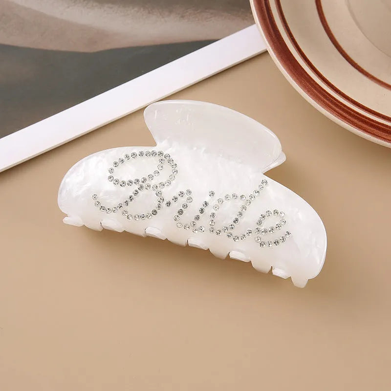 Acrylic hair barrette with multi-diamond spot drilling and English letters on shark clip back