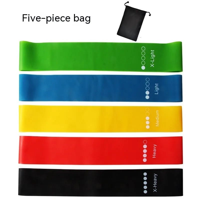 Five colour-coded TPE yoga tension straps with graduated thickness for resistance training