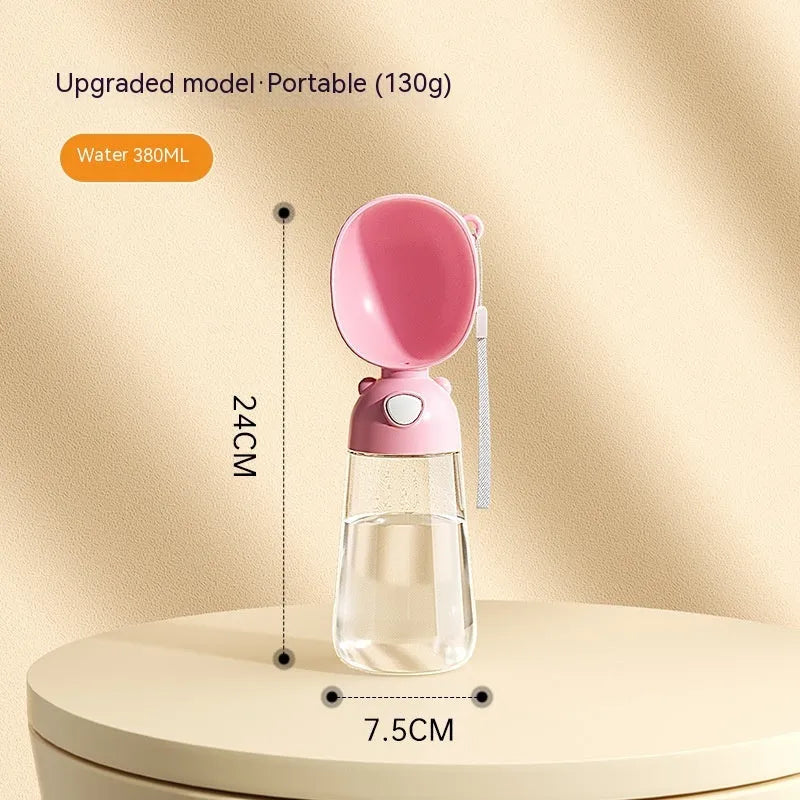 Portable dog water bottle and food container in yellow, pink, and brown colour options.
