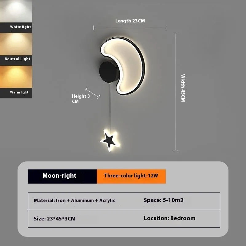 Cloud and star-shaped children's bedside wall lamp with LED lighting in black or white finish
