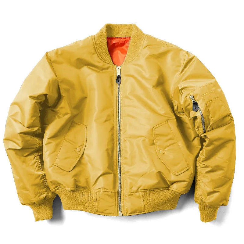 Men's army green loose fit cotton-padded bomber jacket with front zip and ribbed cuffs.