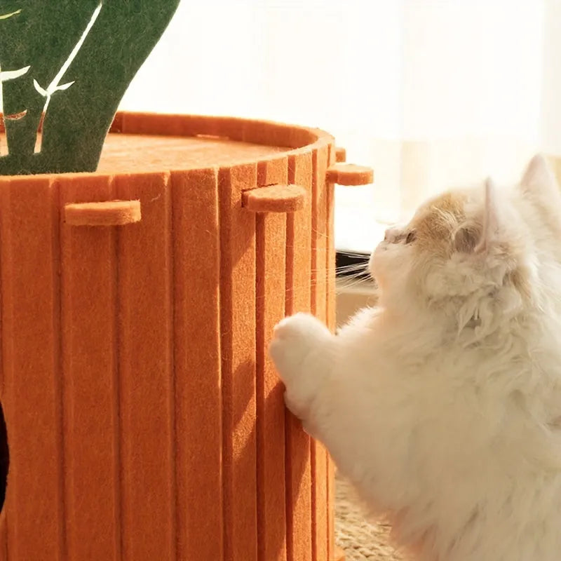Carrot-themed cat nest with felt tunnel, semi-enclosed cattery in two size options.