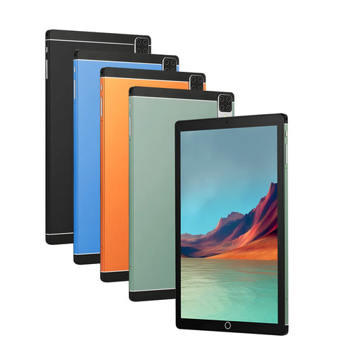 Android 15 tablet computer with 11.6-inch screen shown in black, blue, green, and orange colour options