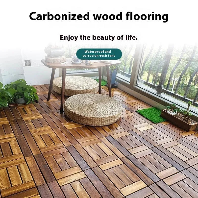Square pine wood flooring tiles with a brush wax oil finish, laid out on a surface.