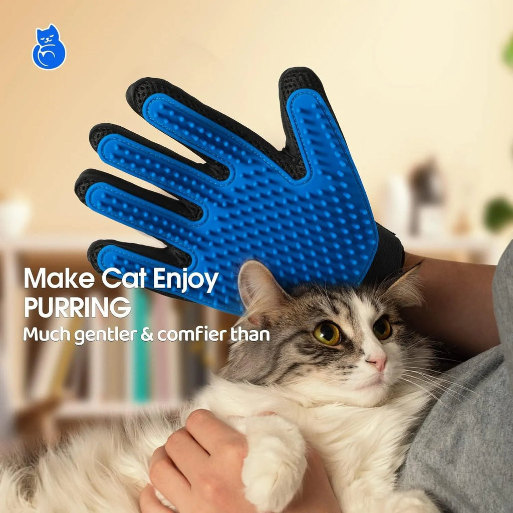 Blue pet grooming gloves with silicone massage tips for dogs and cats