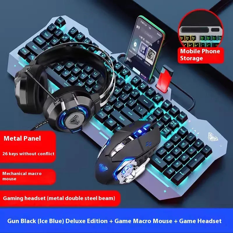 Metal mechanical keyboard bundle with gaming mouse, headset, and optional mouse pad on a desk.