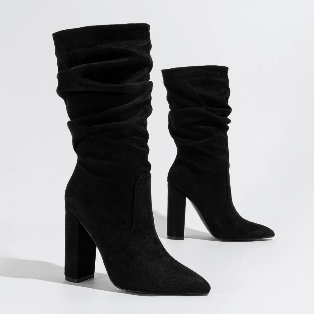 Women's black suede chunky heel pointed-toe boots with middle calf length and heel above 8cm