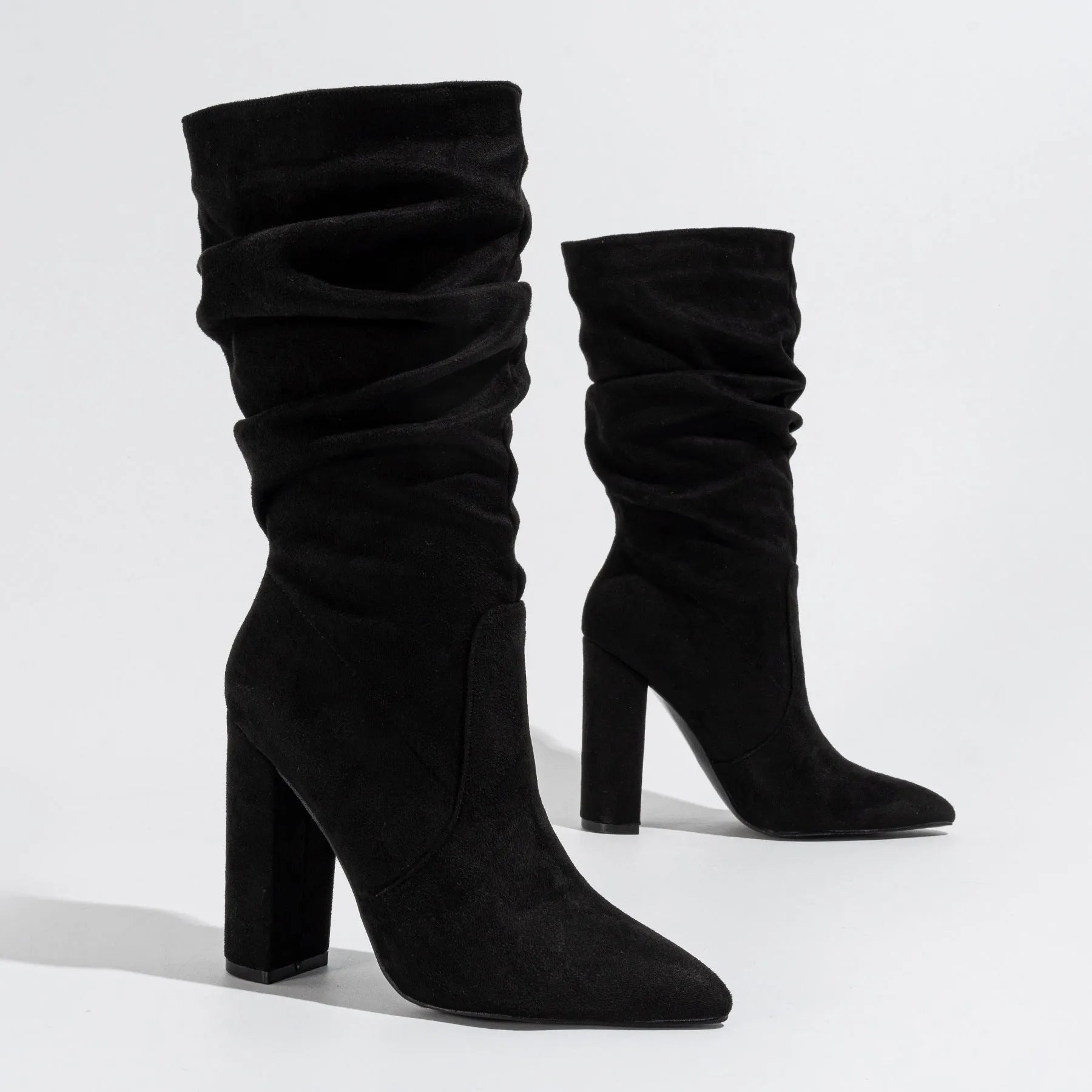 Women's black suede chunky heel pointed-toe boots with middle calf length and heel above 8cm