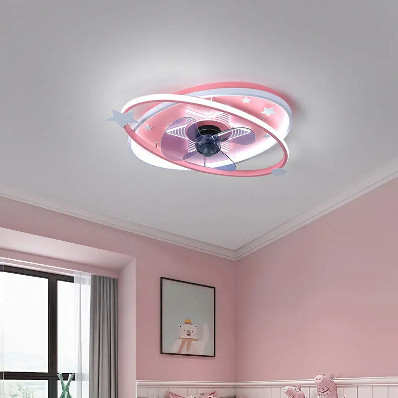Blue children's bedroom ceiling fan with integrated LED light panels and remote control on white background