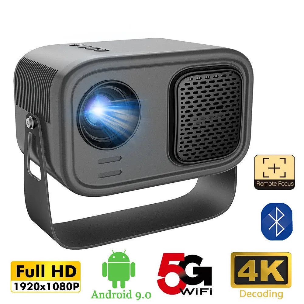 Black portable smart projector with remote control showing HD 1280x720 resolution and 150 lumens specifications