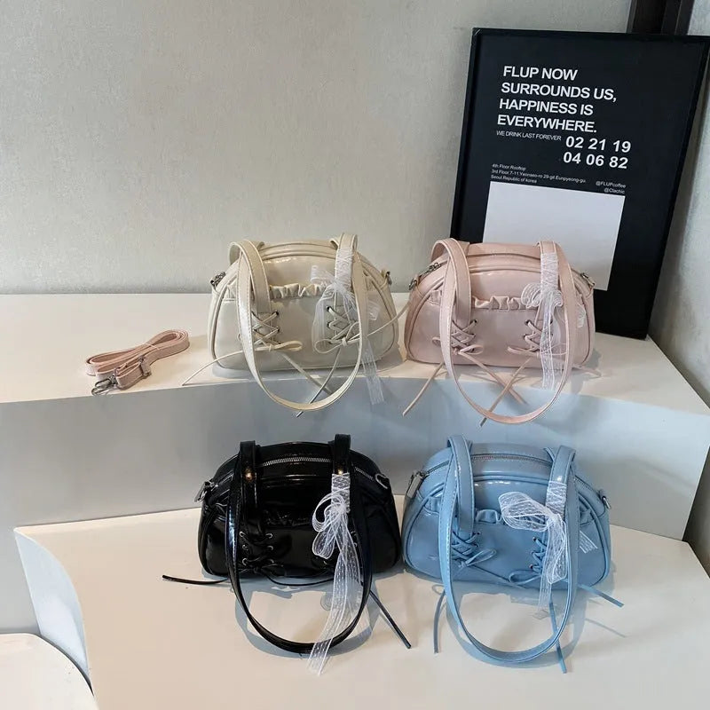 Women's casual PU leather handbag with bandage bow detail and crossbody strap
