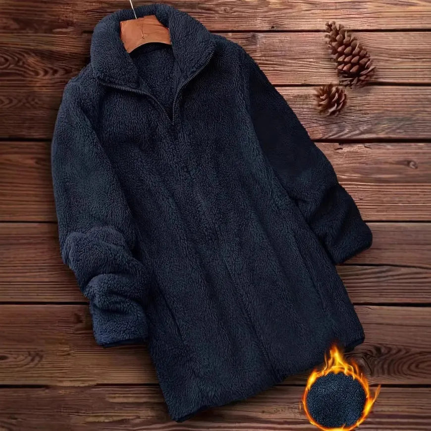 Man's black double-sided fleece jacket with a fleece lining, showing front view.