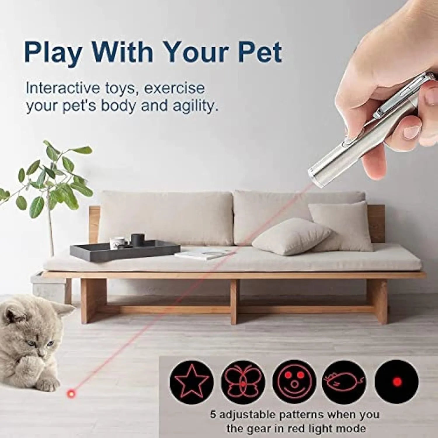 Silver aluminium alloy cat laser pointer toy with multiple light pattern modes