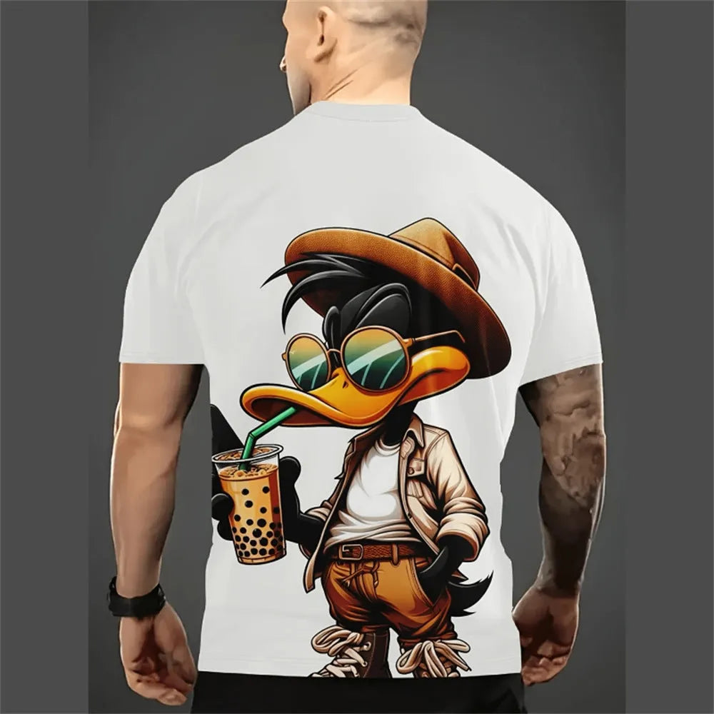 A man wearing a loose-fit, short sleeve linen shirt with a cartoon print, showcasing its casual summer style.