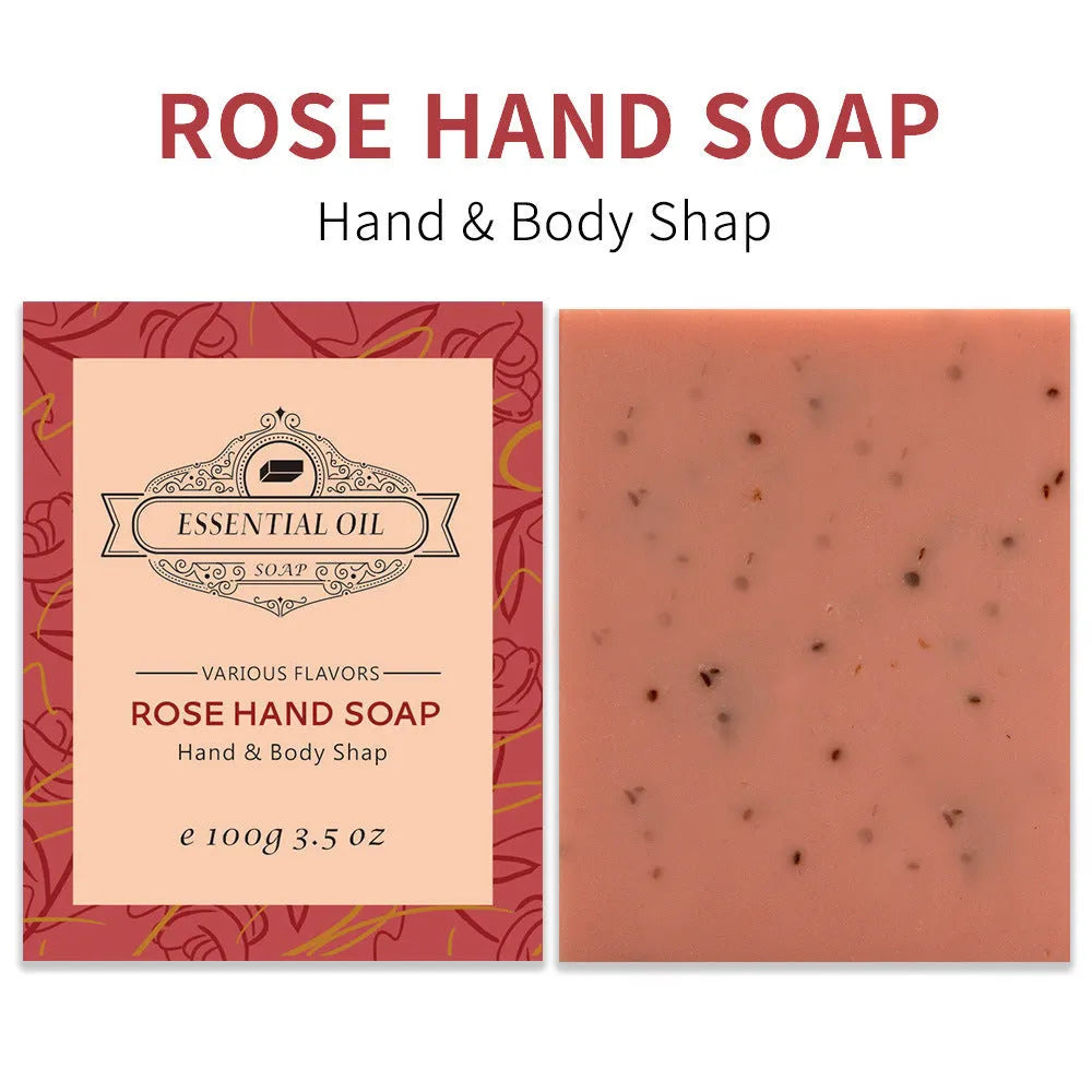 A frosted handmade essential oil soap bar in one of five scents: coconut, green tea, lavender, rose, or Four Boxes.