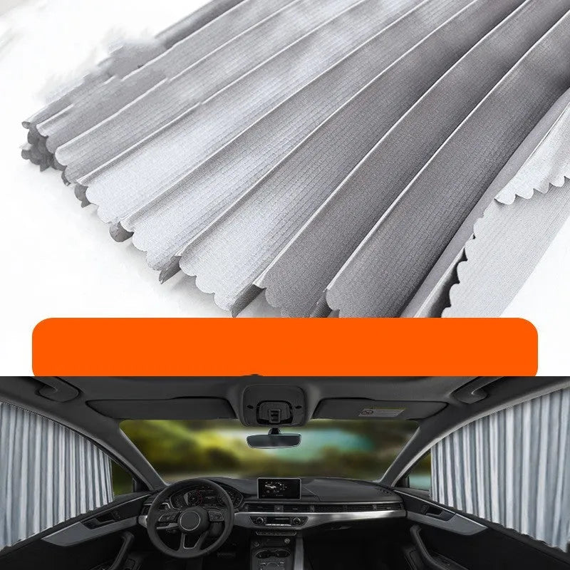 Retractable car sunshade curtain in black colour showing roller shutter mechanism