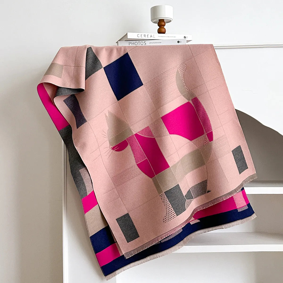 Long beige imitation cashmere scarf draped to show its 185cm length and texture.