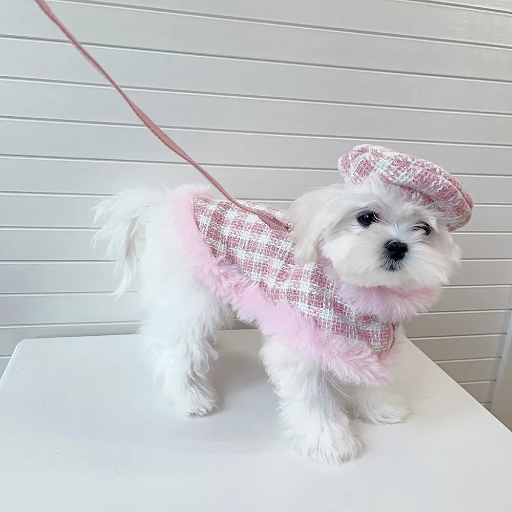 Pink cat cape and beret set with hand holding rope for chest and back coverage