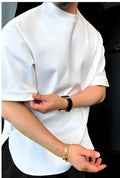 White men's buttoned T-shirt with round hemline and two-button placket