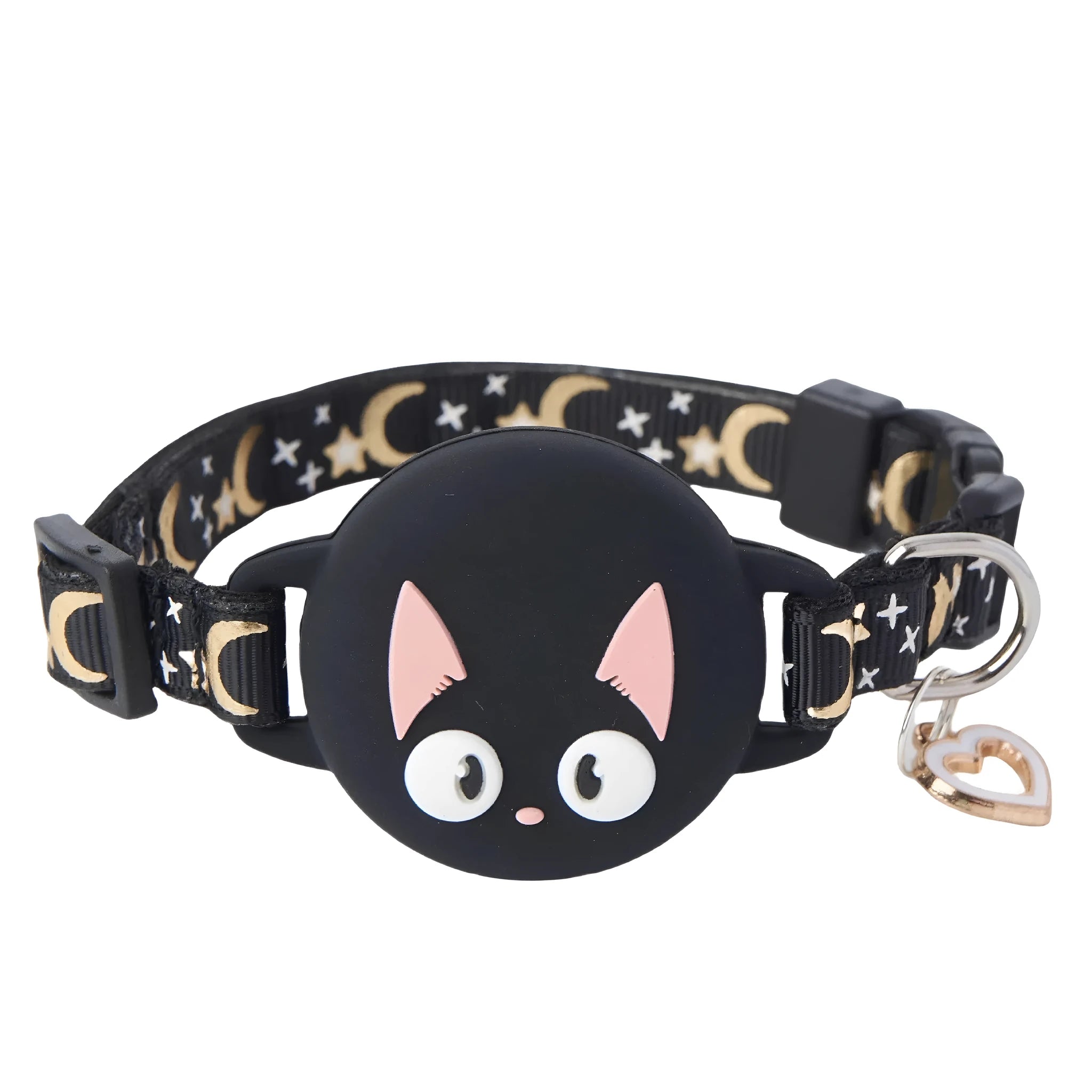 Pink and blue adjustable plastic AirTag cases shown as cat collars with size options S and M