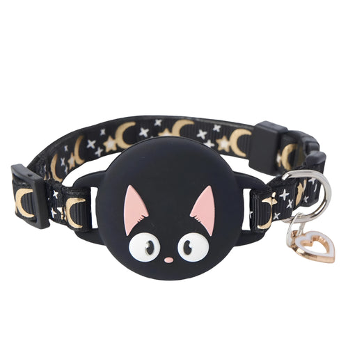 Pink and blue adjustable plastic AirTag cases shown as cat collars with size options S and M