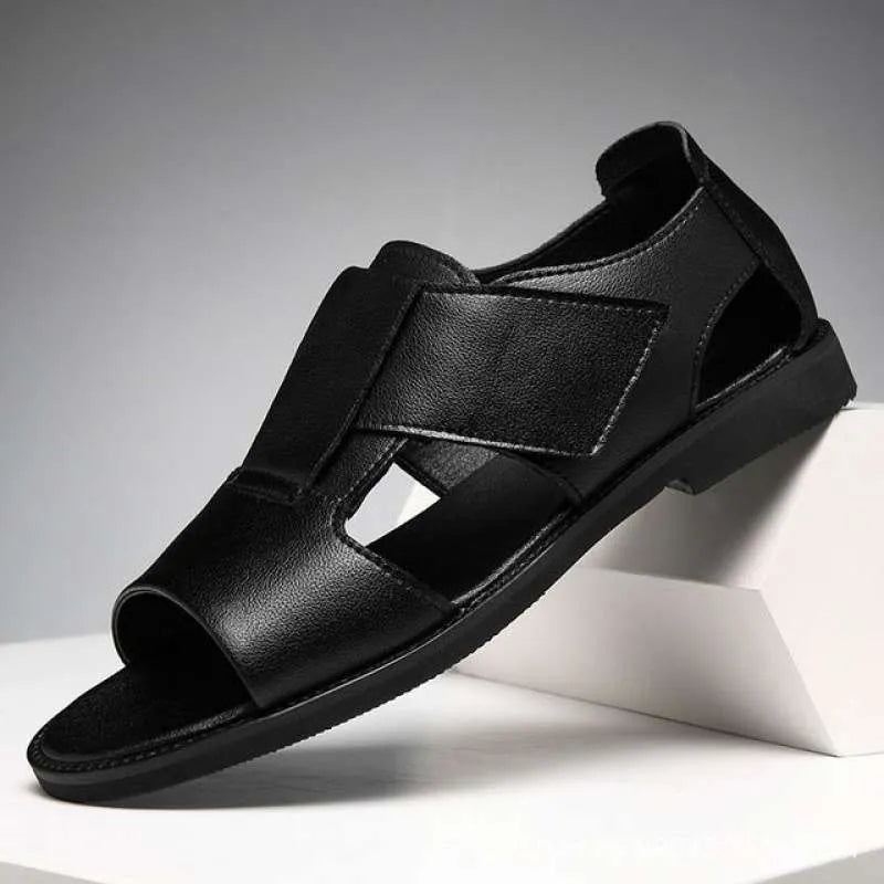Men's black and brown leather open-toe casual sandals with rubber soles, shown from the side.
