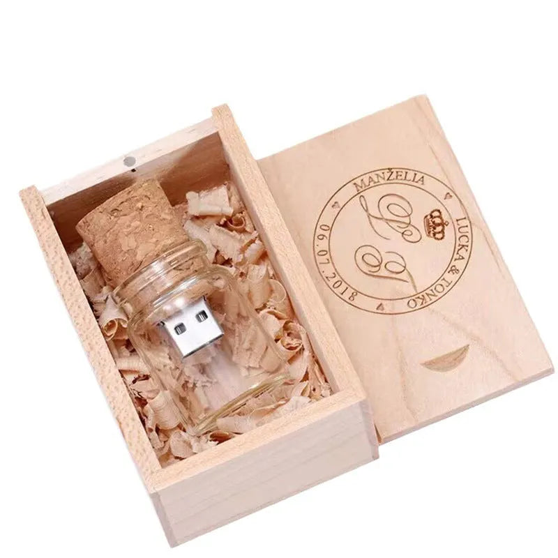 Transparent drift bottle USB flash drive with wooden ship inside, 60mm size