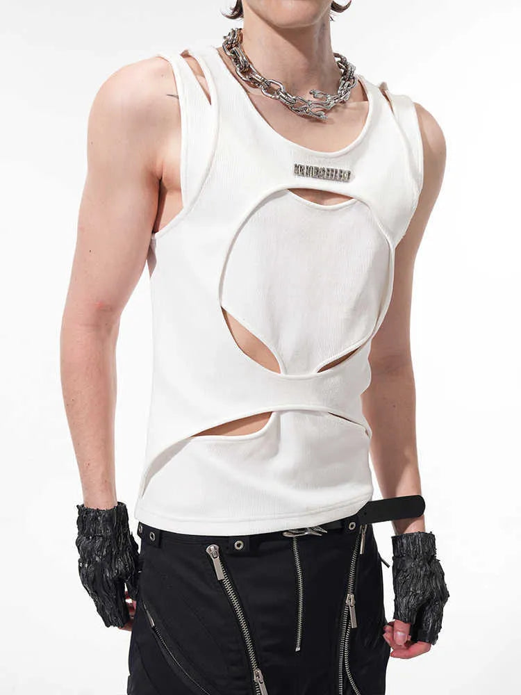 Men's black sleeveless waistcoat vest with a round neck and hollow white thread knit construction