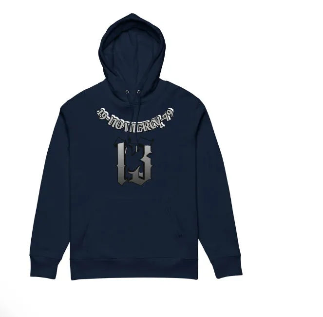 Loose fit grey hooded sweater with fleece lining, shown laid flat.