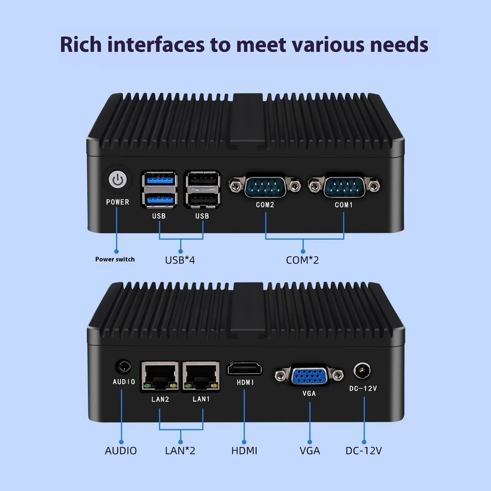 Industrial fanless mini host computer measuring 13.6x12.7x4cm with quad-core processor