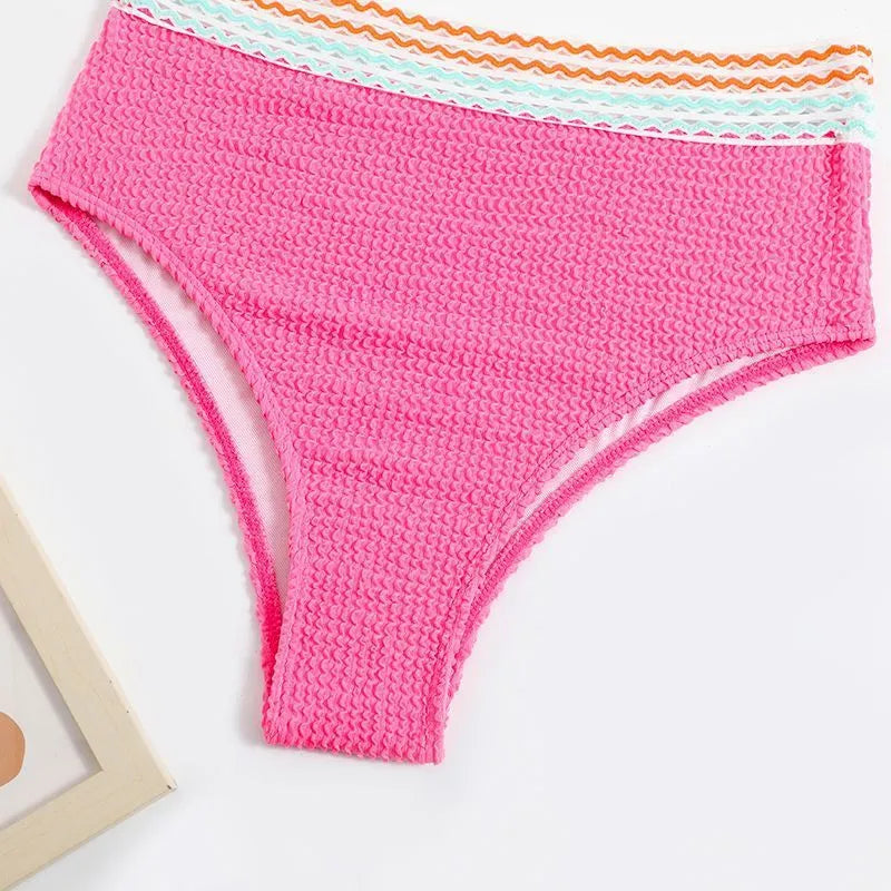 Women's high waist split bikini in solid colour with nylon fabric showing front and back views