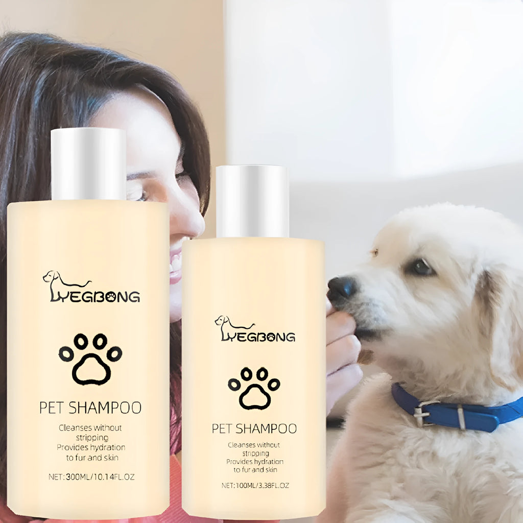 Bottle of mild pet shampoo for dogs in 100ml or 300ml size.