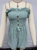 Women's blue off-the-shoulder jumpsuit with sleeveless design and button details