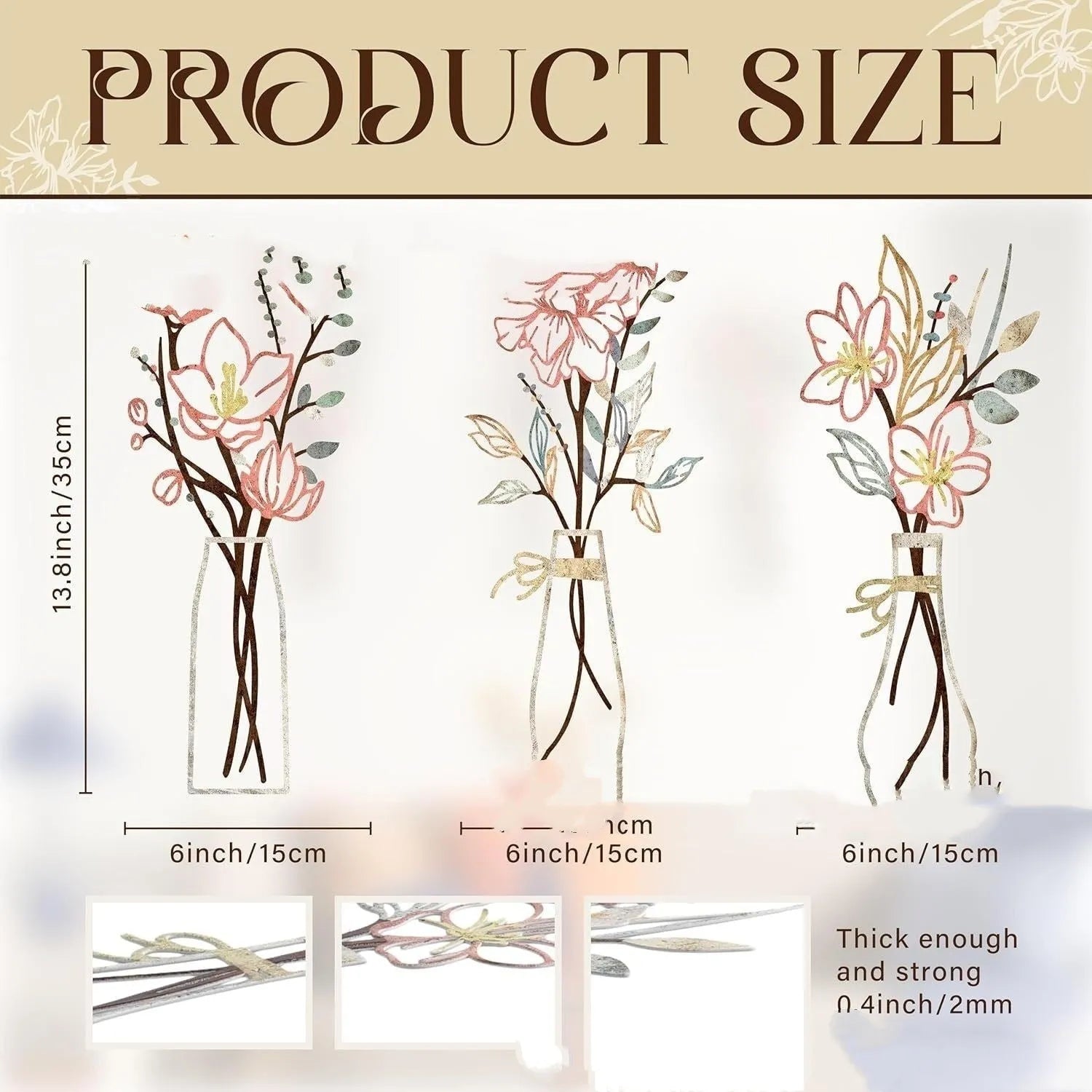 3-piece metal flowers wall art set in country farmhouse style with alloy construction