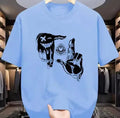Men's grey mesh T-shirt with cartoon digital print showing round neck and short sleeve design