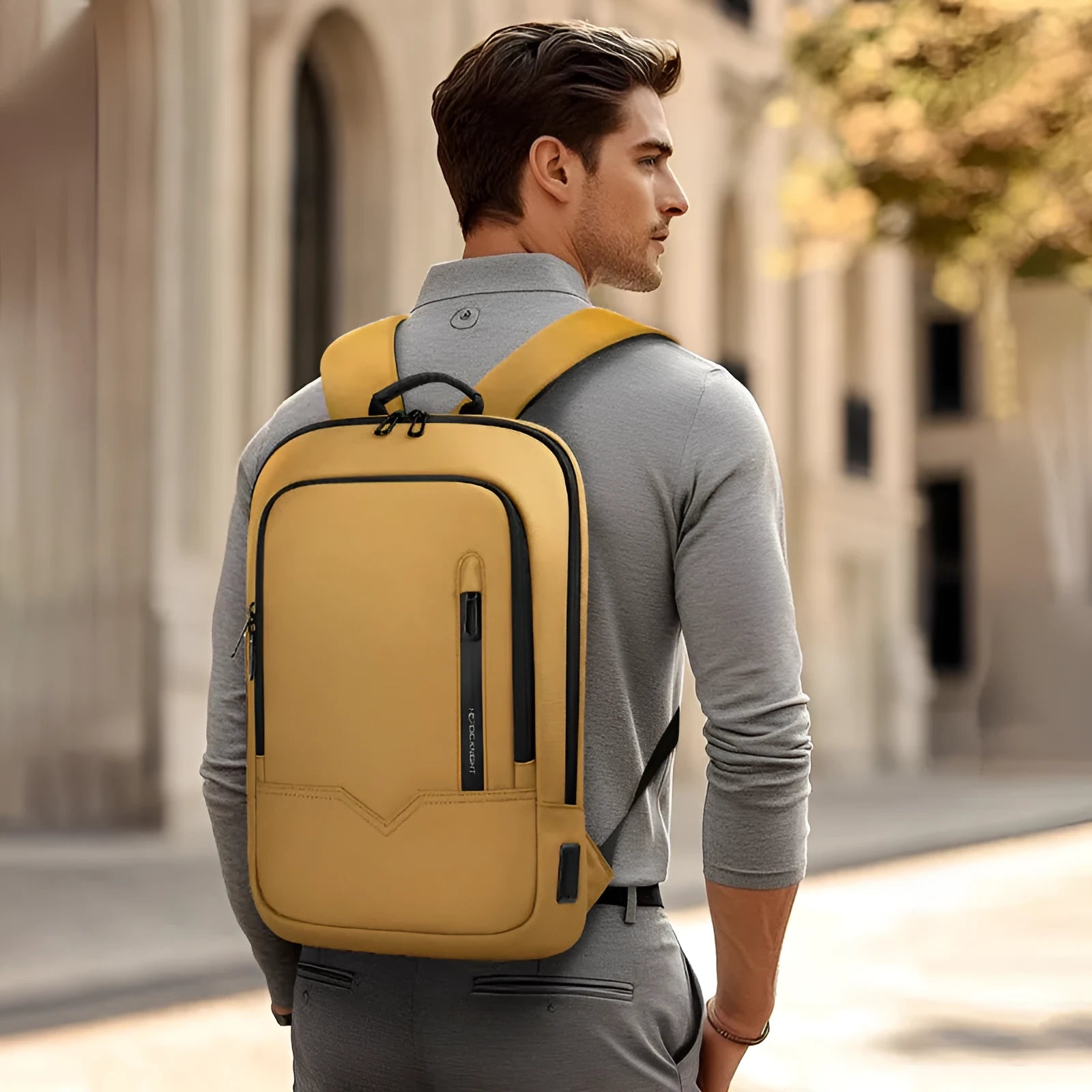 Lightweight polyester commuter backpack with USB port in olive green colour