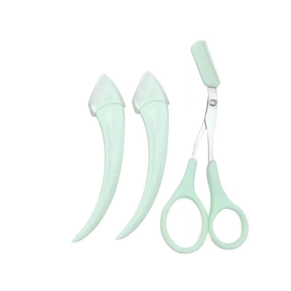 Close-up of a white and pink eyebrow trimming knife with a small curved plastic comb on a plain background.