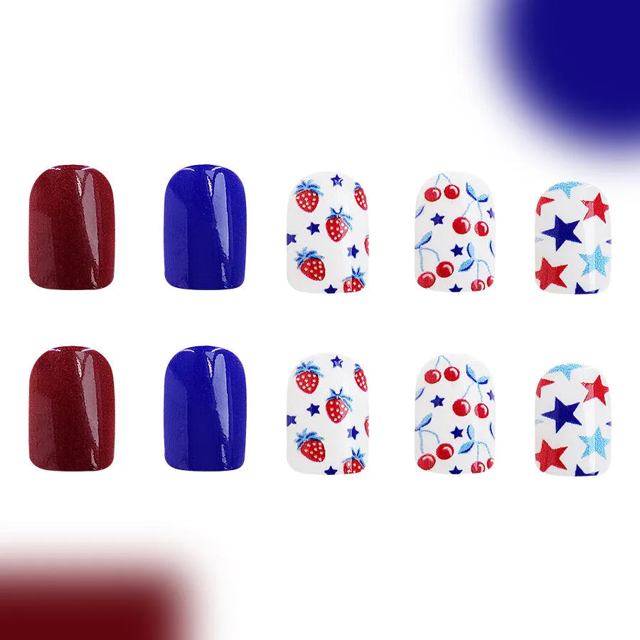 Short glossy red and blue strawberry cherry Independence Day nail stickers - 24 piece set with C409 pattern