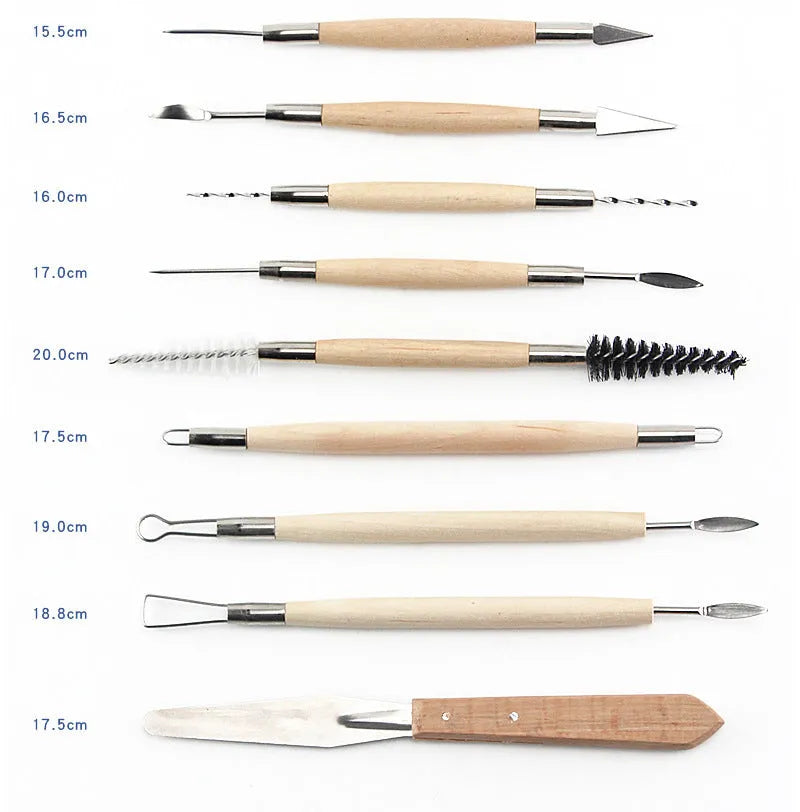 27-piece pottery tool set with roller, featuring wood, stainless steel, and plastic sculpting tools on a table.