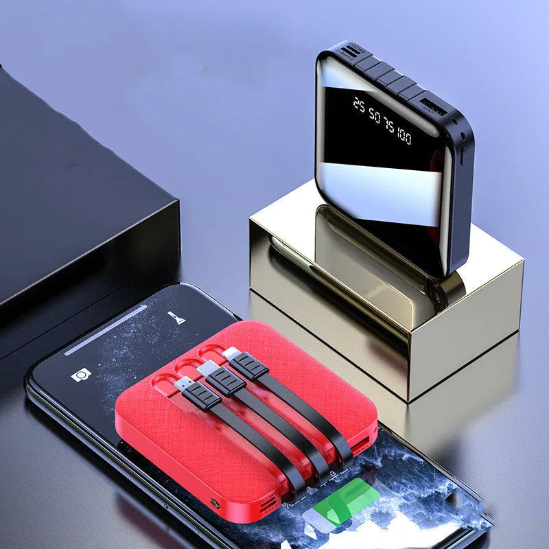 Square black power bank with integrated charging cable showing 80mm dimensions