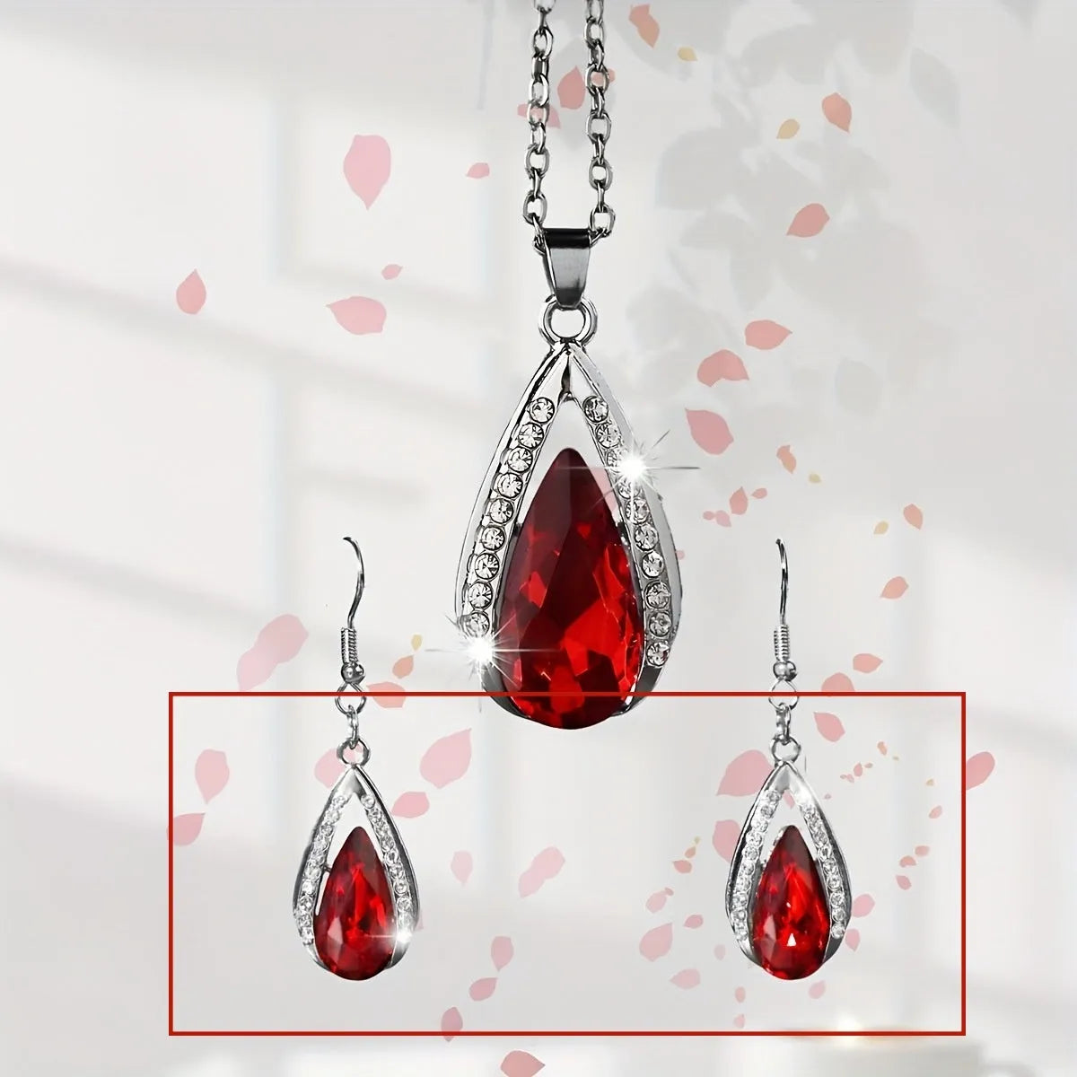 Teardrop pendant necklace and matching earrings set in black and red alloy jewellery