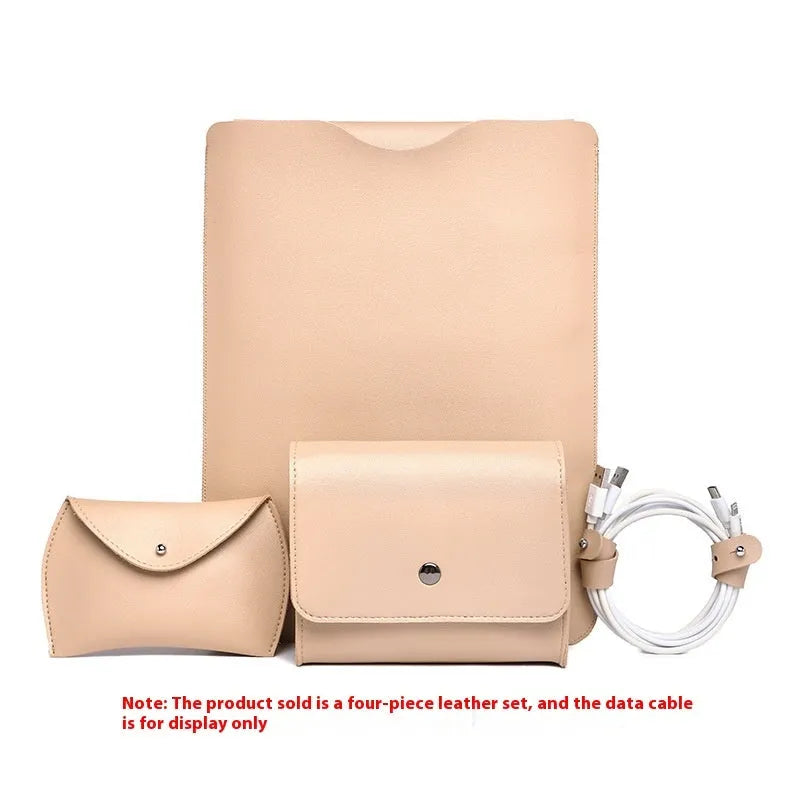 Set of four brown imitation leather lock edge protective sleeves for laptops and tablets.
