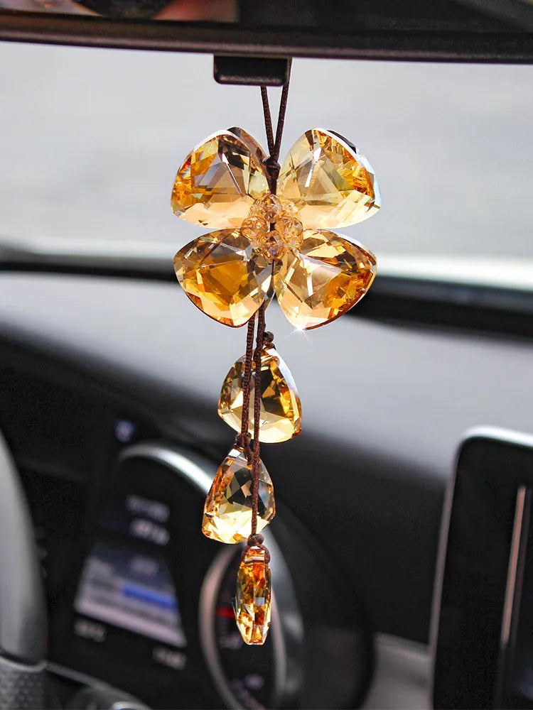 Crystal four leaf clover car pendant decoration measuring 20cm in transparent, champagne, black and shiny colours