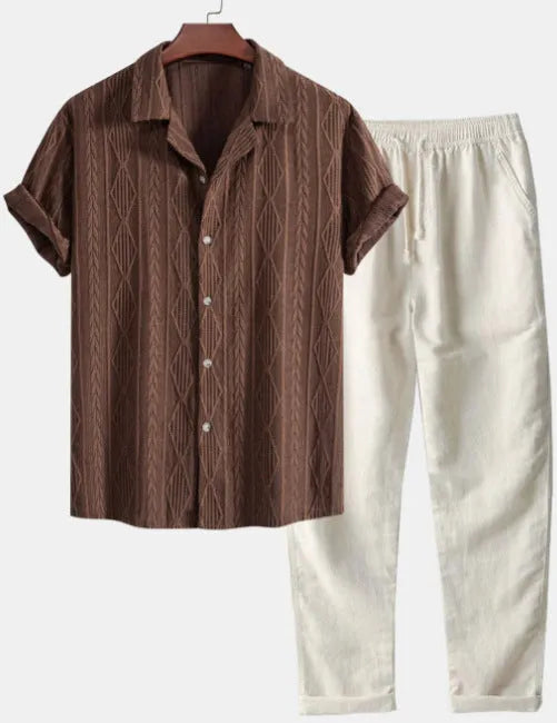 Slim-fit linen cardigan suit set with digital camouflage pattern including short-sleeve shirt and trousers