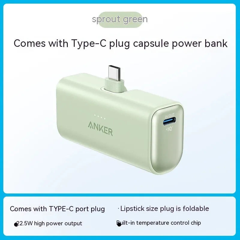 Compact capsule-shaped power bank in five colours with a foldable Type-C cable attached