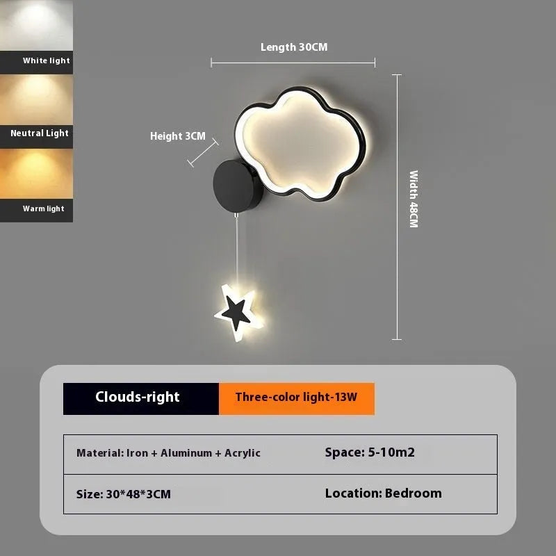 Cloud and star-shaped children's bedside wall lamp with LED lighting in black or white finish