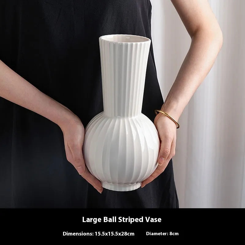 White ceramic ball striped vase with American country style decoration for living room table display