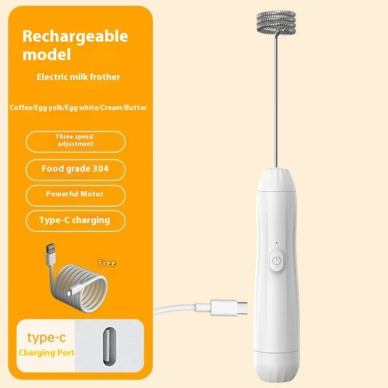 USB rechargeable handheld electric milk frother in black, white and khaki colours